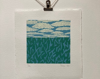 Small Linocut Landscape, Abstract Nature Lino, Green Art Print, Block Print Art, Original Lino Print, Cloudy Sky Print, Minimalist Print Art