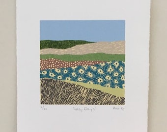 Linocut Print, Minimalist Art, Original Print, Small Abstract Print, Block Print Art, Flower Field Landscape, Art Gift, Lino Print, Moosart