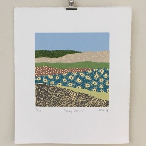 Linocut Print, Minimalist Art, Original Print, Small Abstract Print, Block Print Art, Flower Field Landscape, Art Gift, Lino Print, Moosart