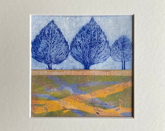 Collage Mixed Media Landscape, Original Small Trees Painting, Blue Home Decor, Horizon Art, Abstract Modern Wall Art, Nature Gift, Colorful