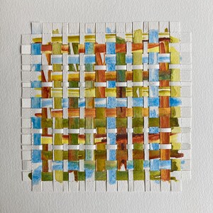 Arte murale intrecciata in carta, acquerello intrecciato, dipinto originale, regalo blu-verde, paesaggio astratto, arredamento per la casa, opera d'arte colorata con tecniche miste