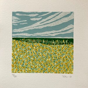 May include: A woodblock print of a field of yellow flowers with a blue sky and white clouds above. The print is numbered 19/20 and signed "MO-21".