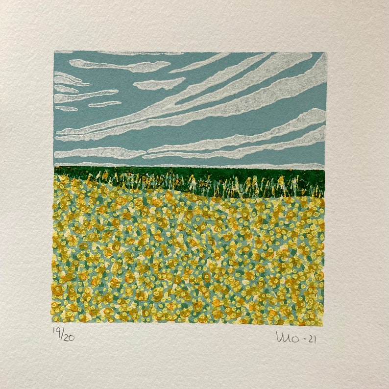 May include: A woodblock print of a field of yellow flowers with a blue sky and white clouds above. The print is numbered 19/20 and signed "MO-21".