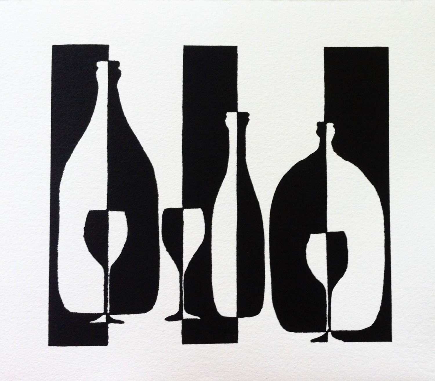 Black White Linocut, Food Art, Wine Art Print, Art for Wine Lover