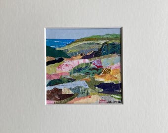 Mixed Media Collage, Abstract Sea Landscape, Small Mounted Contemporary Art