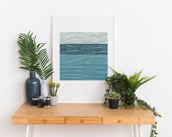 Sea Linocut Print, Blue Small Art, Original Abstract Lino Print, Minimalist Art print, Tiny Wall Art, Water Block Print, Waves Print, Nature