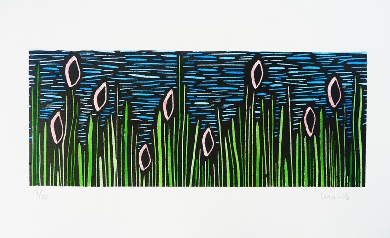May include: A black and white woodblock print of a landscape with green grass, blue water, and pink flowers. The print is signed and numbered "1/30".