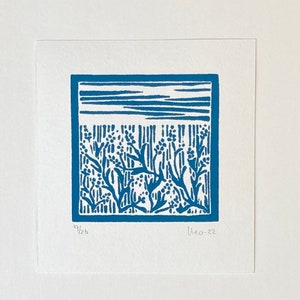 Original Linocut, Small Lino Print, Abstract Landscape, Minimalist Art, Blue Print, Flower Field, Wall Art Print, Block Print, Gift, Moosart