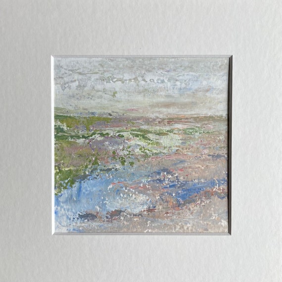 Small Matted Acrylic Art, Original Landscape Painting, Abstract Artwork on Paper, River Wall Art, 9 x 9, Gift for Woman, Home Decor, Moosart