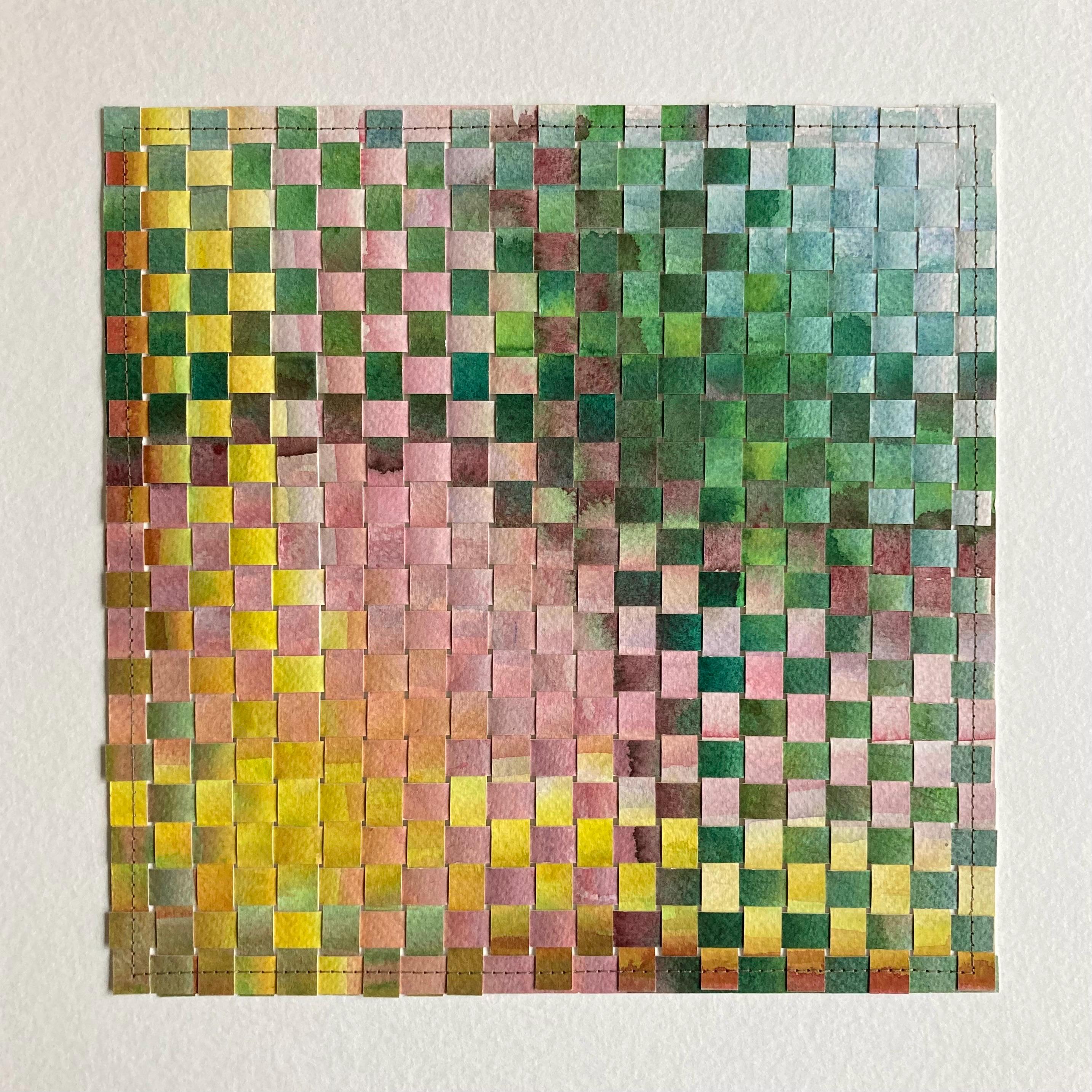Acuarela azul trenzada, pintura abstracta del mar, pequeño regalo de arte de pared, tejido de papel original, obra de arte cuadrada, 12 x 12, campo de flores, decoración del hogar