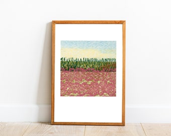 Glicee-Druck, Blumen-Linolschnitt, abstrakte Landschaft, orange Wanddekoration, moderner Druck, minimalistische Kunst, Linoldruck-Kunst, Archivdruck, Bohemian