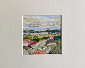 Mixed Media Collage, Abstract Sea Landscape, Small Mounted Contemporary Art