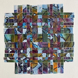 Acquerello con intreccio di carta, arte moderna da appendere alla parete, 12x12, decorazione originale per la casa blu, geometrico astratto, inaugurazione della casa, regalo per lui