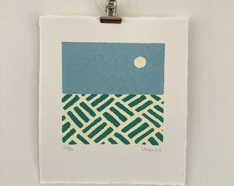 Small Linocut Landscape, Abstract Nature Lino, Green Art Print, Block Print Art, Original Lino Print, Cloudy Sky Print, Minimalist Print Art