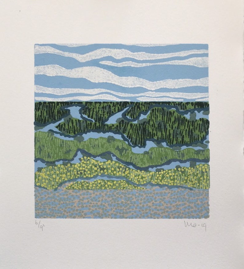 Linocut Landscape Abstract Linocut Nature Lino Green Art Etsy
