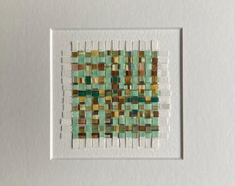 Braided Watercolor, Abstract Colorful Painting, Wall Art, Square Small Artwork, Original Paper Weaving, Mounted Art, Anniversary Gift, 9 x 9