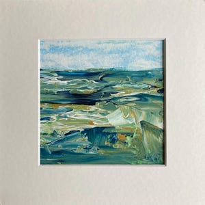 May include: Abstract painting of a seascape with blue, green, and white colours. The painting has a textured surface and depicts a horizon with waves.