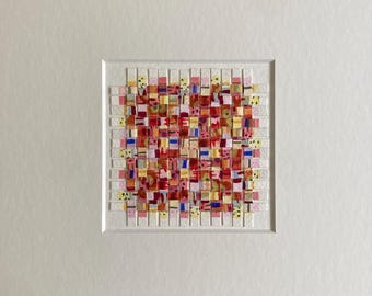 Abstract Watercolor Painting, Colorful Wall Art, Original Paper Weaving, Square Small Artwork, Mounted Art Gift, Livingroom, 9 x9, Moosart