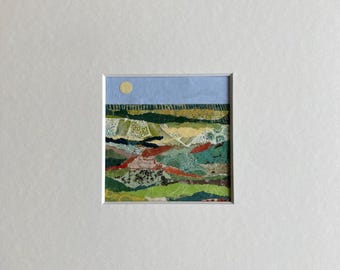 Small Matted Wall Art, Abstract Landscape Collage, Home Decor, Minimalist Art, Colorful Painting, Horizon, Original Artwork, Affordable Art