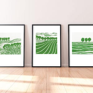 Kleiner Linolschnitt, grüne Landschaft, abstrakter Original-Linoldruck, Baum-Kunstdruck, Blockdruck-Wandkunst, minimalistische Kunst, Kunstgeschenk, Horizont-Druck