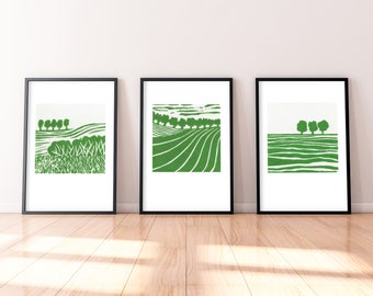 Kleiner Linolschnitt, grüne Landschaft, abstrakter Original-Linoldruck, Baum-Kunstdruck, Blockdruck-Wandkunst, minimalistische Kunst, Kunstgeschenk, Horizont-Druck