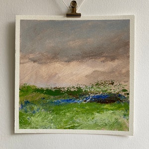 Sunset Painting, Original Acrylic Art, Landscape Art, Painting on Paper, Impressionist Art, Tiny Painting, Green Pink Landscape, Small Gift image 3