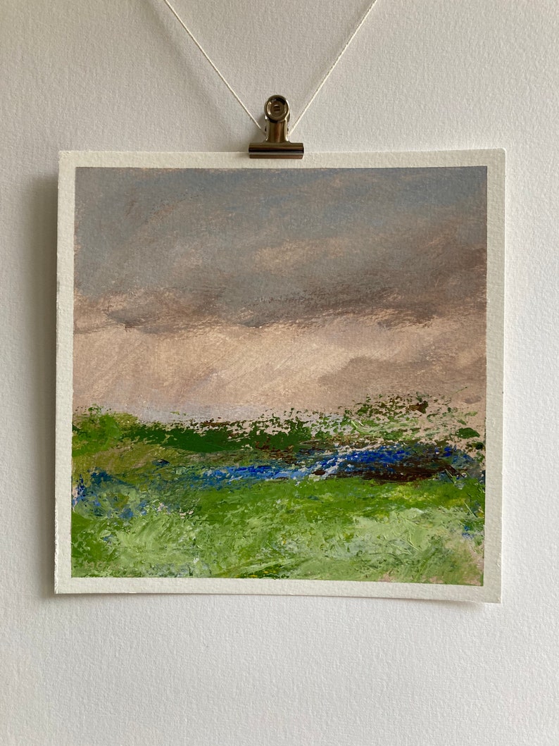 Sunset Painting, Original Acrylic Art, Landscape Art, Painting on Paper, Impressionist Art, Tiny Painting, Green Pink Landscape, Small Gift image 3