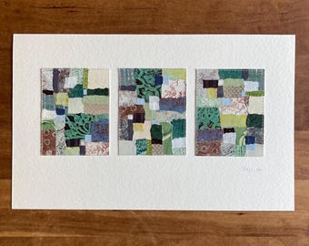 Mixed Media Painting, Abstract Original Art, Acrylic Artwork on Paper, Wall Art Gift, Triptych Collage, Modern Home Decor, Green Blue