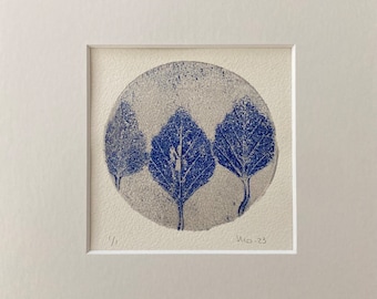 Original Leafs Monotype, Botanical Print, Blue Silver, Tree Art, Gel Print, Small Mounted Art, Anniversary Gift, 9x9, 23 x 23 cm, Moosart