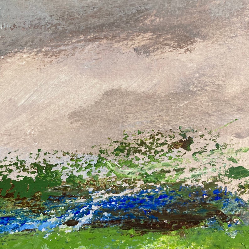 May include: Abstract painting with a textured background in shades of grey and brown. The bottom of the painting features a landscape with green and blue brushstrokes.