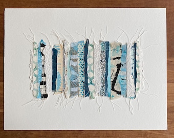 Abstract Original Art, Mixed Media Painting, Acrylic Artwork on Paper, Blue Wall Art Gift, Horizontal Collage, Modern Home Decor