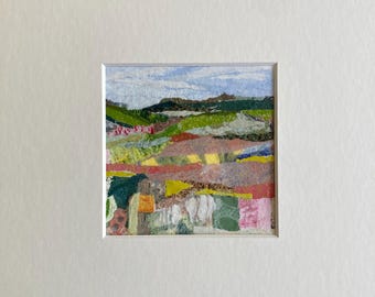 Original Paper Collage, Abstract Landscape Artwork, Countryside, Small Mounted Contemporary Art