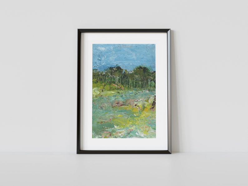 Original Painting, Small Acrylic Art, Landscape Painting, Painting on Paper, Impressionist Art, Tiny Painting, Green Yellow, Art Gift, 9 x11 A3 Glicee Print