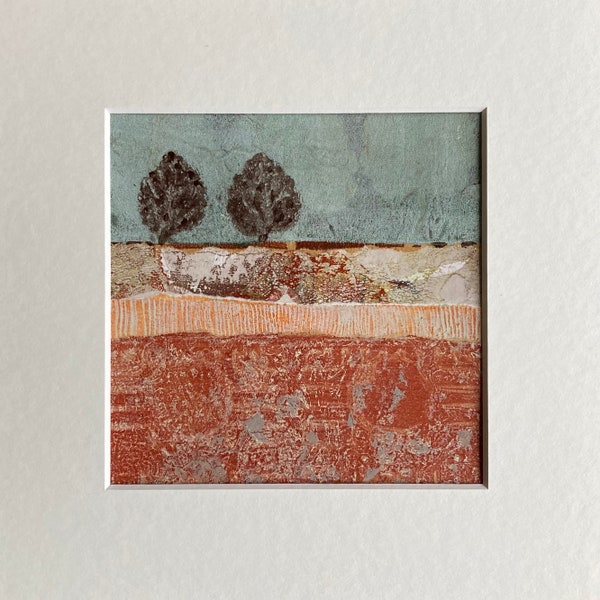 Mixed Media Collage Art, Abstract Landscape Painting, Small Affordable Wall Art, Tree Home Decor, Horizon, Mounted Artwork, Moosart, Nature