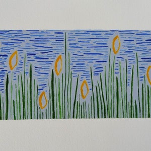 May include: A blue and green abstract print with yellow shapes. The print is numbered 22/30 and signed "Dec. 16".