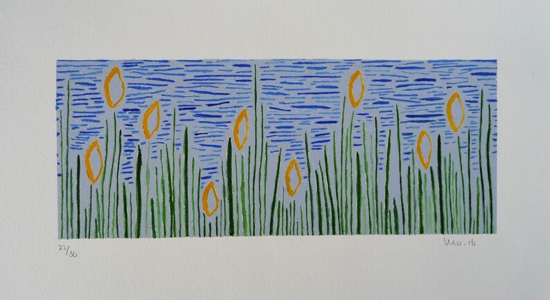 May include: A blue and green abstract print with yellow shapes. The print is numbered 22/30 and signed "Dec. 16".