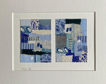 Diptych Collage Original, Small Wall Art, Mixed Media, Abstract Colorful Artwork, Interior Gift, Matted Painting, Moosart, Blue Home Decor