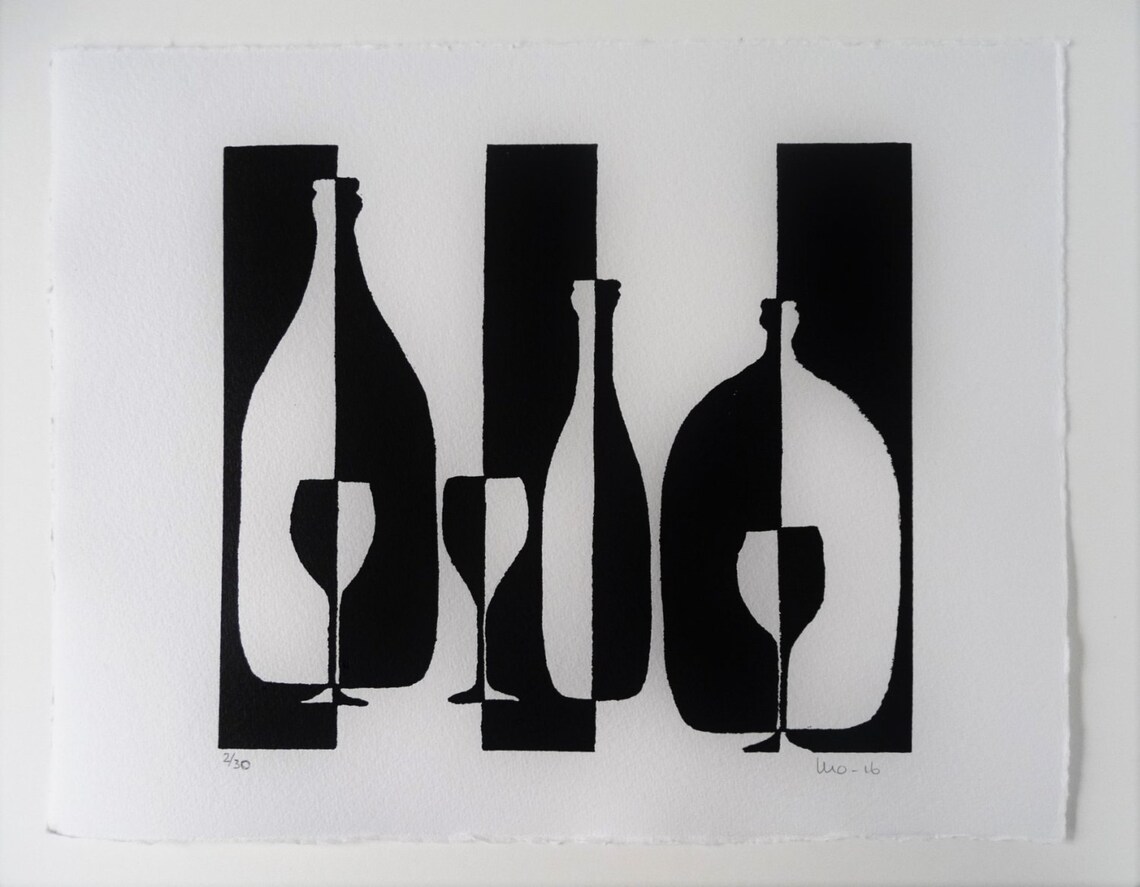 Black White Linocut Food Art Wine Art Print Art for Wine Etsy