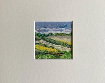 Acrylic Collage Landscape Painting, Small Matted Square Wall Art, Mixed Media Abstract, Moosart