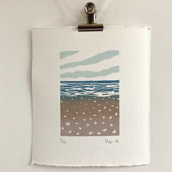 Small Original Linocut, Sea Landscape, Beach Print, Lino Print, Minimalist Blockprint, Tiny Wall Art, Moosart, Ocean Art Gift, Abstract Gift
