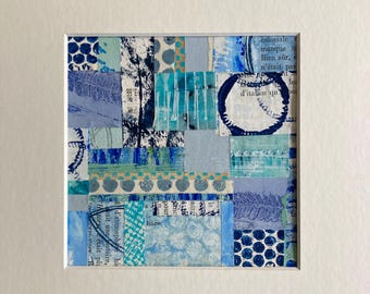 Abstract Collage, Mixed Media Painting, Wall Art, Small Home Decor, Mounted Artwork, 9 x 9, Geometric Art, Original Mixed Media, Blue Gift