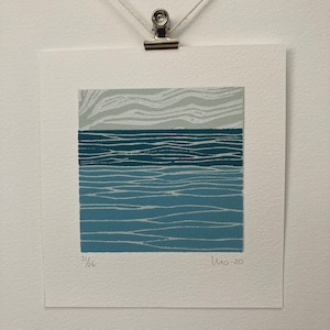 Sea Linocut Print, Blue Small Art, Original Abstract Lino Print, Minimalist Art print, Tiny Wall Art, Water Block Print, Waves Print, Nature