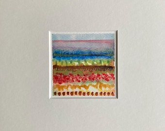 Colorful Small Abstract, Original Landscape, Mini Watercolor Painting, Wall Art Gift, Moosart, 9 x 9