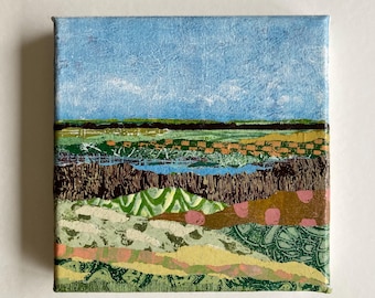 Mixed Media, Canvas Painting, Trees Landscape, Small Collage, Wall Home Decor Gift, 6x6 inches, Moosart, Modern Original Artwork, Colorful Art