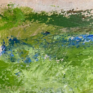 May include: Abstract painting with a textured, layered look. The painting features shades of green, blue, and white, creating a sense of depth and movement.