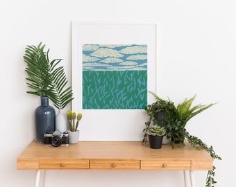 Petit paysage linocut, Abstract Nature Lino, Green Art Print, Block Print Art, Original Lino Print, Cloudy Sky Print, Minimalist Print Art