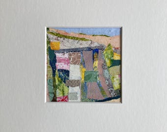 Original Paper Collage, Abstract Landscape Artwork, Countryside, Small Mounted Contemporary Art
