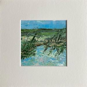 Arte acrilica astratta, pittura su carta, arte opaca, arte da parete originale, paesaggio espressionista, decorazione da parete blu, piccolo unico nel suo genere, 9x9