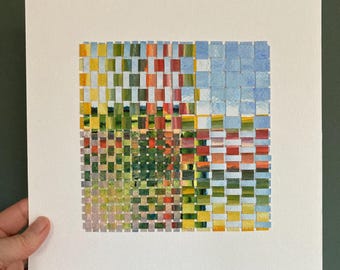 Weaving Wall Hanging, Paper Quilt, Modern Watercolor, Original Gift, Abstract Colorful Artwork, Home Decor, Moosart, Birthday, Orange Blue