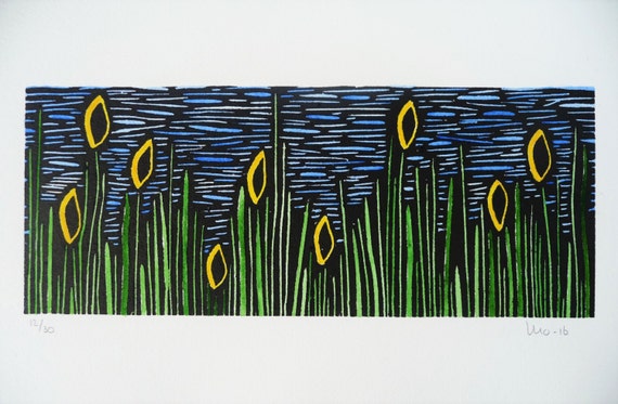Linocut Flowers, Flower Art, Original Artwork, Handcolored Linocut, Floral Art, Wall Art, Linoprint Flower, Housewarming Gift, Birthday Gift
